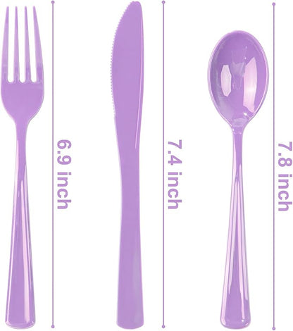 WDF 160 Piece Purple Plastic Silverware - Heavy Duty Purple Silverware Includes 80 Forks, 40 Spoons, 40 Knives, Lavender Plastic Utensils Perfect for Wedding, Party