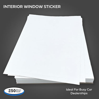 Interior Car Window Stickers for Cars & Dealerships - Blank White | 8.5" x 11" | (250 Pack of Stickers) (Adhesive) (Laser Printer)