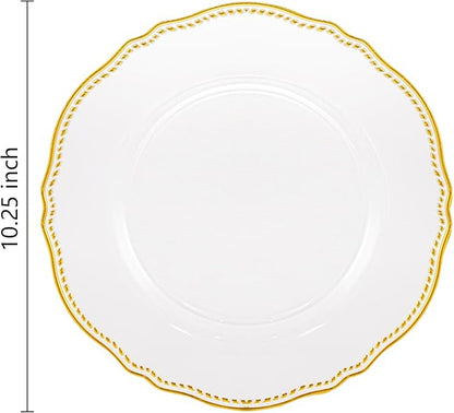 Hioasis 60pcs Clear Plastic Plates - Clear and Gold Disposable Dinnerware with Gold Rim, Heavy-duty, 10.25 inch, Dinner Plates for Party & Wedding