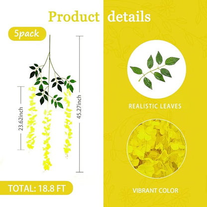 5 Pack Yellow Wisteria Hanging Flowers Garland, 3.77 Feet Artificial Flower Vines, Fake Wisteria, Artificial Vines Hanging Garland for Backdrop Outdoor Yard Garden Decor
