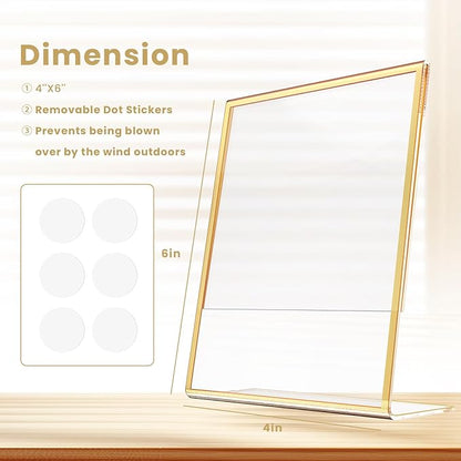 Acrylic Gold Frames 4 x 6, Slanted Back Gold Picture Frames Table Acrylic Sign Holder for Photos Wedding Table Numbers and Art Display with Removable Clear Sticky Dots,6 Pack