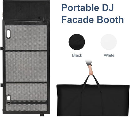 LUCKUP Portable DJ Booth 41"L x 20"W DJ Facade with White & Black Scrim, Foldable DJ Table Station with Adjustable Feet for Party, Black Metal Frame