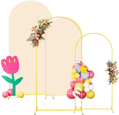 Arch Backdrop Stand with Beige Spandex Arch Cover Set of 2 6FT 7.2FT Spandex Fitted Stretchy Arch Covers for Party Gold Metal Backdrop Stand for Wedding Baby Shower