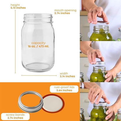 FastRack Regular Mouth Mason Jars 16 oz with Airtight Lids – Pack of 4 | Empty Glass Canning Jars for Food Storage, Fermentation, Pickling Canning, Meal Prep, Pantry Organization & Kombucha Brewing
