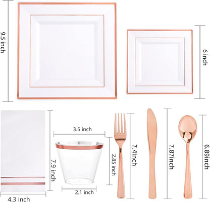 Festiva 350Pcs Rose Gold Plates and Napkins Party Supplies-Square White and Rose Gold Disposable Dinnerware include Plates Cups Cutlery Napkins for 50 Guests Wedding &Party&Mother's Day
