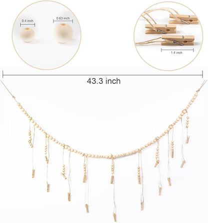 Hanging Photo Display with 18 Wood Clips, Boho Wooden Bead Wall Décor for Bedroom, Living Room, Dorm, Kids Art Picture Display