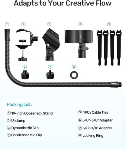 19-inch Gooseneck Microphone Holder Stand, Flexible Mic Arm with Super Crab Clamp for Mic Stand/Desk/Rod/Pole/Stick/Shelf/Tube Clamping, Ideal for Music Stand, Piano, Drum Recording