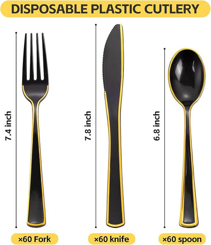 WDF 180 Pieces Black and Gold Plastic Silverware -Halloween Black Plastic Cutlery Incluede 60 Forks 60 Knives 60 Spoons Heavy Duty Disposable Flatware - Gold Utensils for Halloween/Party/Daily Use