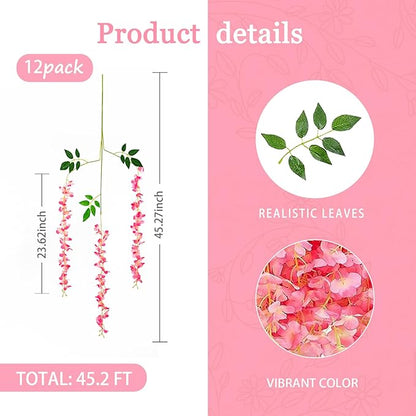12 Pack Dark Pink Wisteria Hanging Flowers Garland, 3.77 Feet Artificial Flower Vines, Fake Wisteria, Artificial Vines Hanging Garland for Backdrop Outdoor Yard Garden Decor