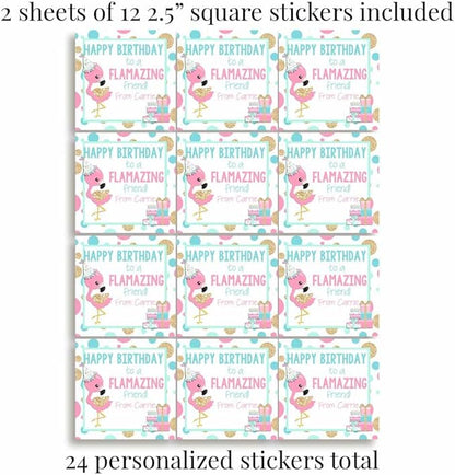 Custom & Personalized FLAMAZING Flamingo Happy Birthday Gift Tag Sticker Labels, 24 2.5" Square Stickers by Amanda Creation