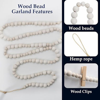 Hanging Photo Display Wall Decor with 30 Wood Clips, 67 Inches Boho Wooden Bead Garland Collage Picture Frame Photos String DIY, Photo Hanger for Bedroom Office Dorm Room Decor Gifts(2PCS)