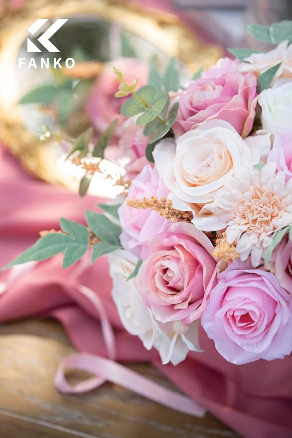 FANKO Rose Artificial Flowers Combo for DIY, Fake Pink Rose Artificial Silk Flowers with Greenery, Real Looking Artificial Faux Flowers for Wedding, Table Decoration, Centerpieces, Party, Home Décor