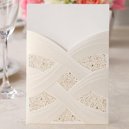 Hosmsua 50PCS Customized Ivory Wedding Invitations Kit 5.12x7.2 Inch Laser Cut Gold Foil Hollow Flora Lace Sleeve Pocket Wedding Quinceanera Invitation with Envelopes