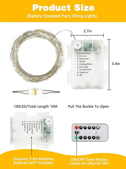 2 Pack 100LED Battery Operated Fairy Lights with Remote, 8 Modes LED String Lights with Timer, Dimmable, Memory Function, Waterproof Twinkle Lights for Outdoor Indoor Christmas Decor(Warm White)