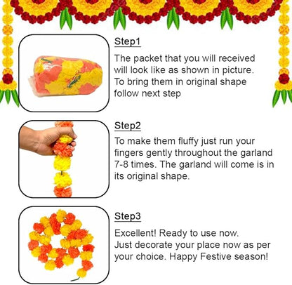 Marigold Garlands for Decorations Pack of 5 - Artificial Marigold Flowers for Decorations -Indian Decor for Pooja, Indian Flower Garland (Yellow Orange Combination | 4 to 4.5 Ft) Hashcart®