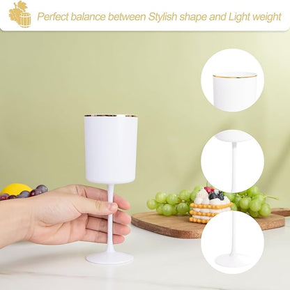 Ciaell 12 Pack White Plastic Wine Glasses with Stem - 10 Oz White and Gold Disposable Wine Glasses for Parties & Weddings & Poolside & Toasting & Outdoors & Graduation