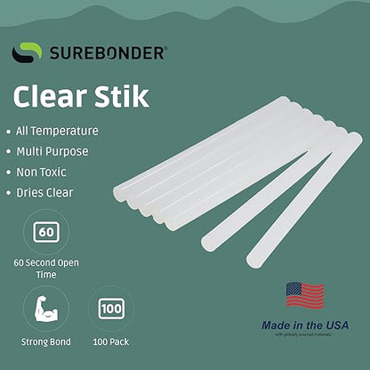 Surebonder DT-100 Mini Size Hot Glue Sticks for Mini Glue Guns 0.27 in. Diameter, 4 in. Length - All Purpose, All Temperature - Great for DIY, Arts, and Crafting - 100 Pack, Clear