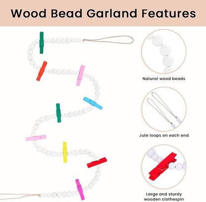 Hanging Photo Display Wall Decor, 2PCS Boho Wooden Bead Garland Collage Picture Frame with 9 Different Random Colors Wood Clips for Boho Bedroom, Living Room, Office, Dorm Decor