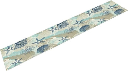 Nautical Coastal Table Runner，Ocean Themed Starfish Coral Conch Beach Kitchen Dinning Table Decoration for Indoor Outdoor Home Party Decor 13x108 Inch