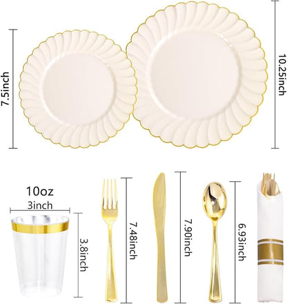 YOUBET 350PCS Ivory Scalloped Plastic Plates - Ivory and Gold Disposable Dinnerware Set Include 100 Plates, 150 Gold Silverware, 50 Cups, 50 Napkins for Wedding & Party & Thanksgiving