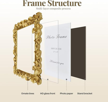 Cuspin 11x14 Picture Frame Vintage Gold Frames, Ornate Leaf Textured Hand-Crafted Resin with Glass Front, Gold Picture Frames for Tabletop Display, Retro Design Home Decor