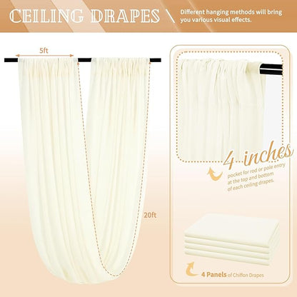 4 Panels Ivory Ceiling Drapes for Wedding 5ftx20ft Sheer Drapery Chiffon Fabric Arch Draping Curtains for Party Ceremony Birthday Baby Shower Reception Stage Ceiling Decorations
