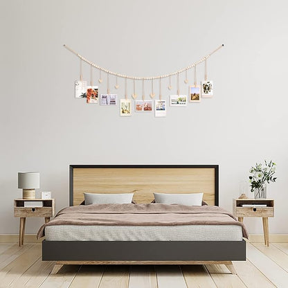 Hanging Photo Display Room Wall Decor, Boho Collage Picture Frame Christmas Cards Holder, Photo Hanger with 9 Wood Clips and 6 Wooden Hearts Tags for Home, Bedroom, Office, Nursery, Dorm Decor (3)