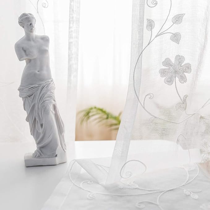 Sheer Curtains White 95 Inches Embroidered Floral, Window Treatments Rod Pocket Drapes for Living room, Bedroom, Semi Crinkle Voile Curtain Panels for Yard, Patio, Villa, Parlor, Set of 2, 52"x95".