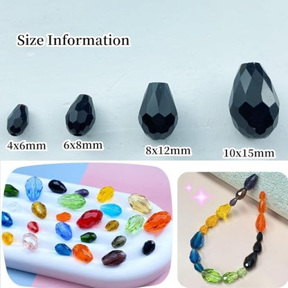 100pcs 8x12mm Teardrop Crystal Glass Beads Vertical Hole Faceted Glass Teardrop Spacer Beads for Bracelets Necklace Earring DIY Jewelry Making Craft(Black)