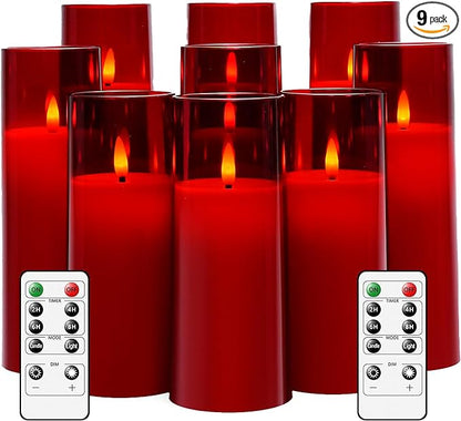 Flickering Flameless Candles Battery Operated with Remote and 2/4/6/8 H Timer Plexiglass Led Pillar Candles Pack of 9 (D2.3 xH 6" 7" 8") with Realistic Moving Wick Candles for Home Decor(Red)