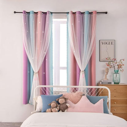 FANLI Ombre Rainbow Blackout Curtains for Kid Girls Bedroom Living Room Darking Stripe Double Layer Star Cut Out Wall Home Decor Gradient Grommet Window Curtains (Pink Purple, 52W x 63L)