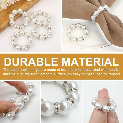 30Pcs Pearl Napkin Rings, Round Napkin Buckles Wedding Beaded White Napkin Rings Silver Napkin Ring Holder for Formal Dinner Reception Party Banquet Table Decor (Sliver)