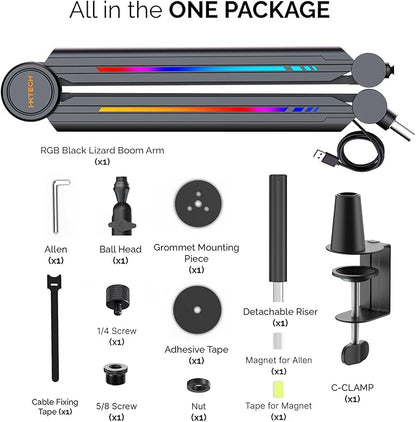 IXTECH RGB Mic Boom Arm High Profile, Overhead Boom Arm Microphone Stand Desk Mount, Adjustable Microphone Stand with Desk Mount, Mic Arm for Live Streaming Gaming Podcasting Recording.