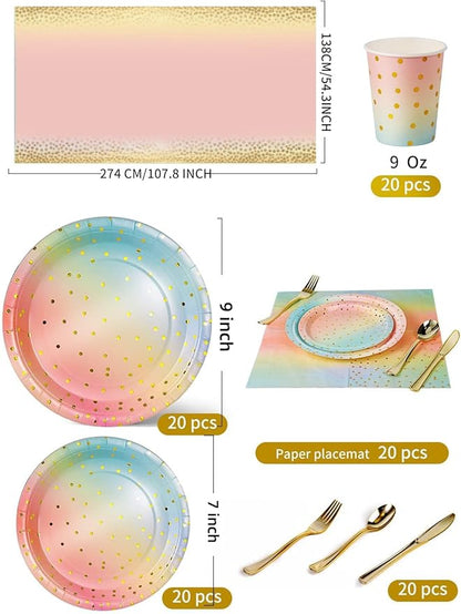 141 Pieces Rainbow Gold Party Supplies, Party Dinnerware Sets Include Paper Plates Napkins Cups Silverware, for Wedding Bridal Shower Engagement Birthday Parties Decoration -20 Serves