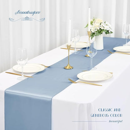 12 Pack Dusty Blue Satin Table Runner,12 x 108 inch Long Premium Smooth Table Runner for Wedding, Banquets, Birthday, Party, Graduation, Engagements,Table Runners fit Rectangle and Round Table