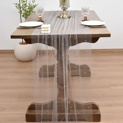 Joanlody Fall Pearl Table Runner 10ft Rustic Boho Tulle Table Runner with Pearls for Baby Shower Wedding Party Veil Dessert Thanksgiving Table Decor Gray 4pcs