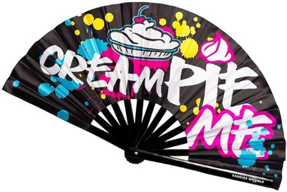 Kandies World Custom Festival Folding Hand Fan - Unique Designs, Made of Bamboo, Clacking Sound, Lightweight - Perfect Rave and Festival Accessory! (Cream Pie)