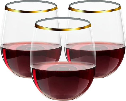 FOCUSLINE 32 Pack 12 OZ Plastic Wine Glasses, Stemless Disposable Wine Cups, Gold Rim Unbreakable Wine Glasses, Reusable Shatterproof Recyclable and BPA-Free Plastic Wine Cups