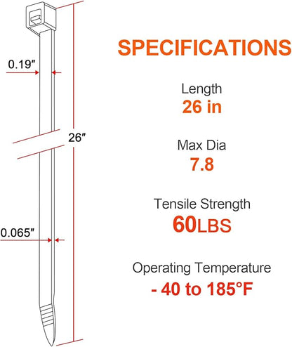 26 Inch White Long Zip Ties,60 LBS Tensile Strength Heavy Duty Large Cable Wire Ties With Self-Locking Adjustable More Durable Nylon Tie Wraps for Indoor Outdoor（100 Pack）