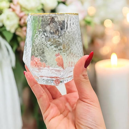 40 count Diamond Unbreakable Stemless Plastic Wine Champagne Whiskey Glasses Elegant Durable Disposable Indoor Outdoor Ideal for Home, Office, Bars, Wedding, 12 Ounce Cups (Hammered Gold Rim)