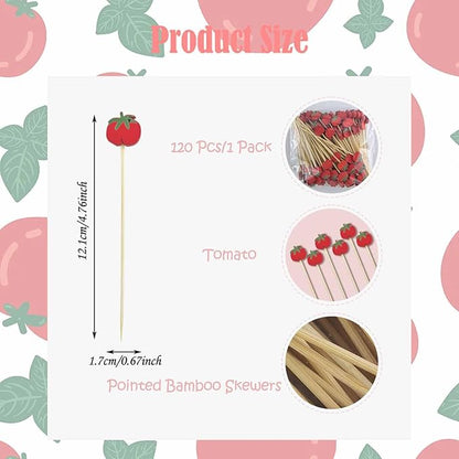 120 Pcs Tomato Cocktail Picks 4.7" Drinks Fruits Hawaiian Party Food Garnish Skewer Sticks Halloween Decorations Supplies Cowboy Handmade Bamboo Toothpicks