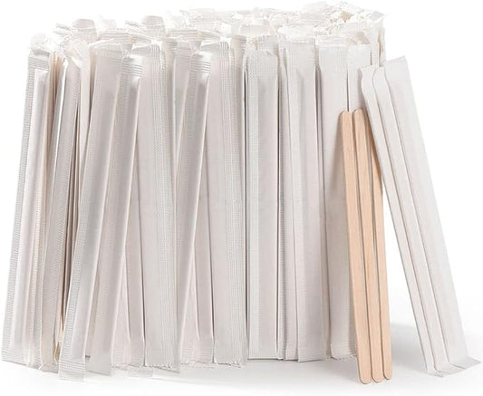 500pcs Individually Wrapped Wooden Coffee Stirrers - 5.5" Coffee Stir Sticks, Round End Disposable Stir Sticks, For Coffee, Cocktail and Hot Drinks