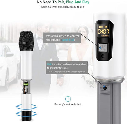 Wireless Microphone, Bietrun UHF Metal Dual Handheld Cordless Dynamic Mic System with Rechargeable Receiver, 1/4‘’Output, for Karaoke, Church, Speech, Wedding, Party Singing(160 ft Range)-Auto Connect