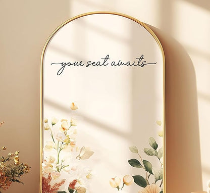 Your Seat Awaits Vinyl Decal, Wedding Seating Sticker, Mirror Decal for Seating, Please Find Your Seat Signs, Wedding Decor Sign (Black, Width 17")