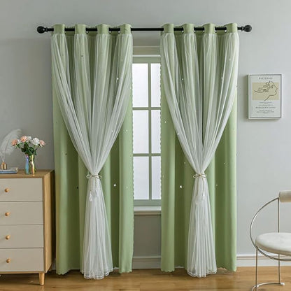 FANLI 2 Panels Star Blackout Curtains for Kid Girls Bedroom Living Room Darking Stripe Double Layer Star Cut Out Wall Home Decor Gradient Grommet Window Curtains (Green 84L)