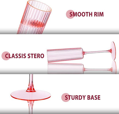 Ciaell 24 Pack Pink Plastic Champagne Flutes - 6oz Ribbed Disposable Champagne Glasses - Pink Vintage Mimosa Glasses with Long Stem, Elegant & Lightweight for Weddings and Party