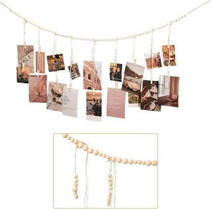 Hanging Photo Display with 18 Wood Clips, Boho Wooden Bead Wall Décor for Bedroom, Living Room, Dorm, Kids Art Picture Display