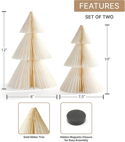 LampLust White Honeycomb Paper Trees, 2 Pack, 10 & 12 Inch, Winter Ornaments, Winter Decorations for Home and Mantel Decor, Winter Wonderland Decorations