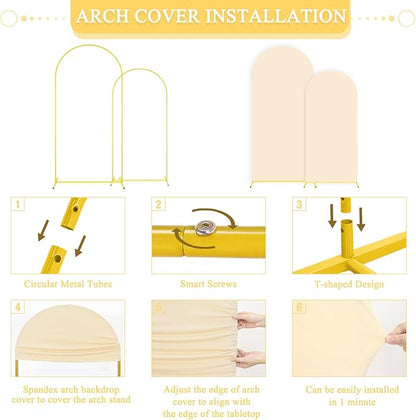 Arch Backdrop Stand with Beige Spandex Arch Cover Set of 2 6FT 7.2FT Spandex Fitted Stretchy Arch Covers for Party Gold Metal Backdrop Stand for Wedding Baby Shower