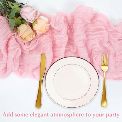 Pink Cheesecloth Table Runner -21*120Inch Long Boho Wedding Table Decor, Rustic Gauze Fabric Runner for Bridal Showers, Baby Showers & Parties (Sheer, Lightweight, Wrinkled Design)